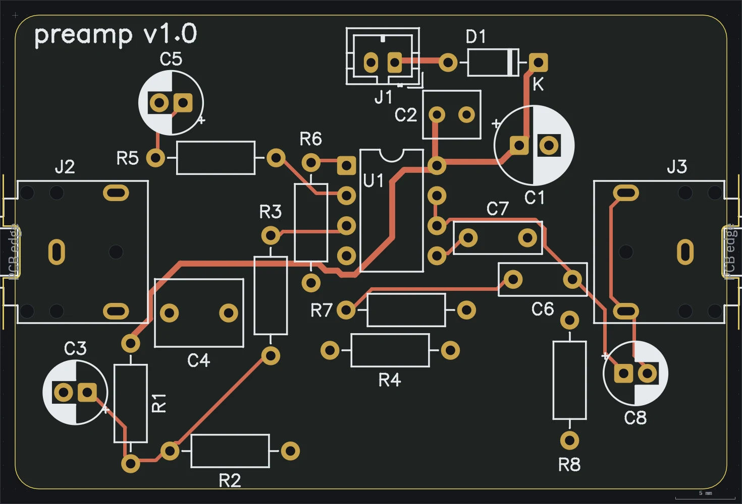 The preamp layout: a 3.5 mm jack on each side, the LM358 in the middle and the battery header along the top.