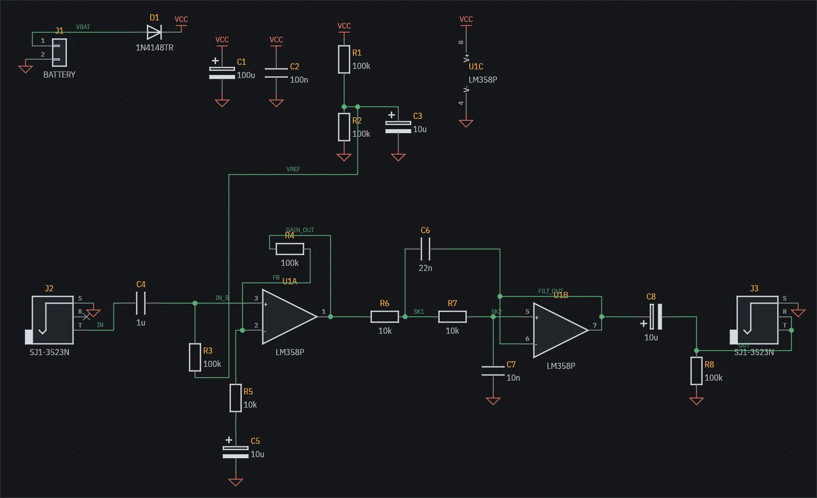 The preamp schematic: the reverse battery diode, the mid-rail bias, the gain stage and the Sallen-Key filter.