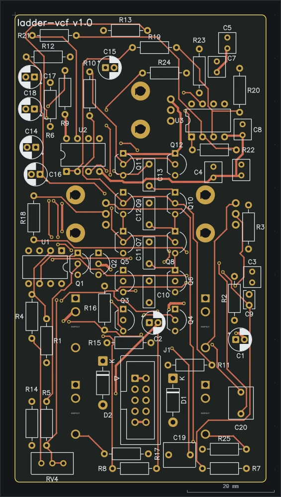 The ladder VCF layout: the two columns of ladder transistors in the middle, the jacks and pots on the back.