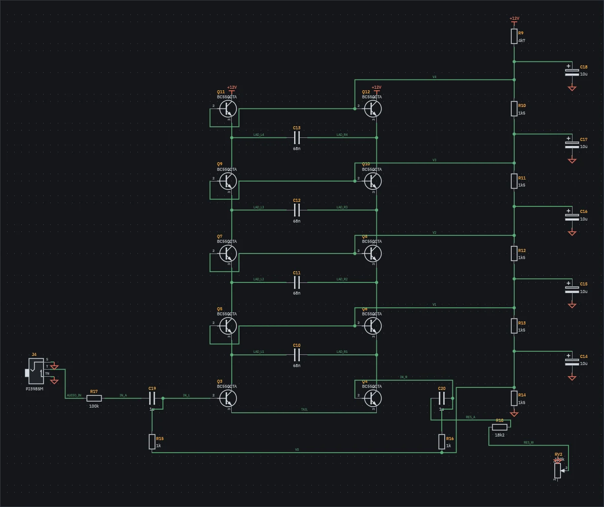 The ladder sheet: four rungs of BC550C pairs with a 68 nF capacitor across each, and the bias string beside them.